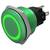 Een groen, rond drukknopschakelaar met een gloeiende LED-ring, ontworpen voor elektronische apparatuur, weergegeven vanuit een zijhoek.