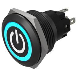 'Close-up van een zwarte aan/uit-knop met een blauwe LED-ring, met een stromsymbool in wit, gemonteerd op een cilindrische basis met aansluitingen.'