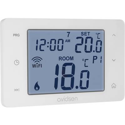 Digitale thermostaat met weergave van 'KAMER 18.0°C', tijd '12:00 AM', ingestelde temperatuur '20.0°C', met Wi-Fi-symbool en programmeerbare knoppen.