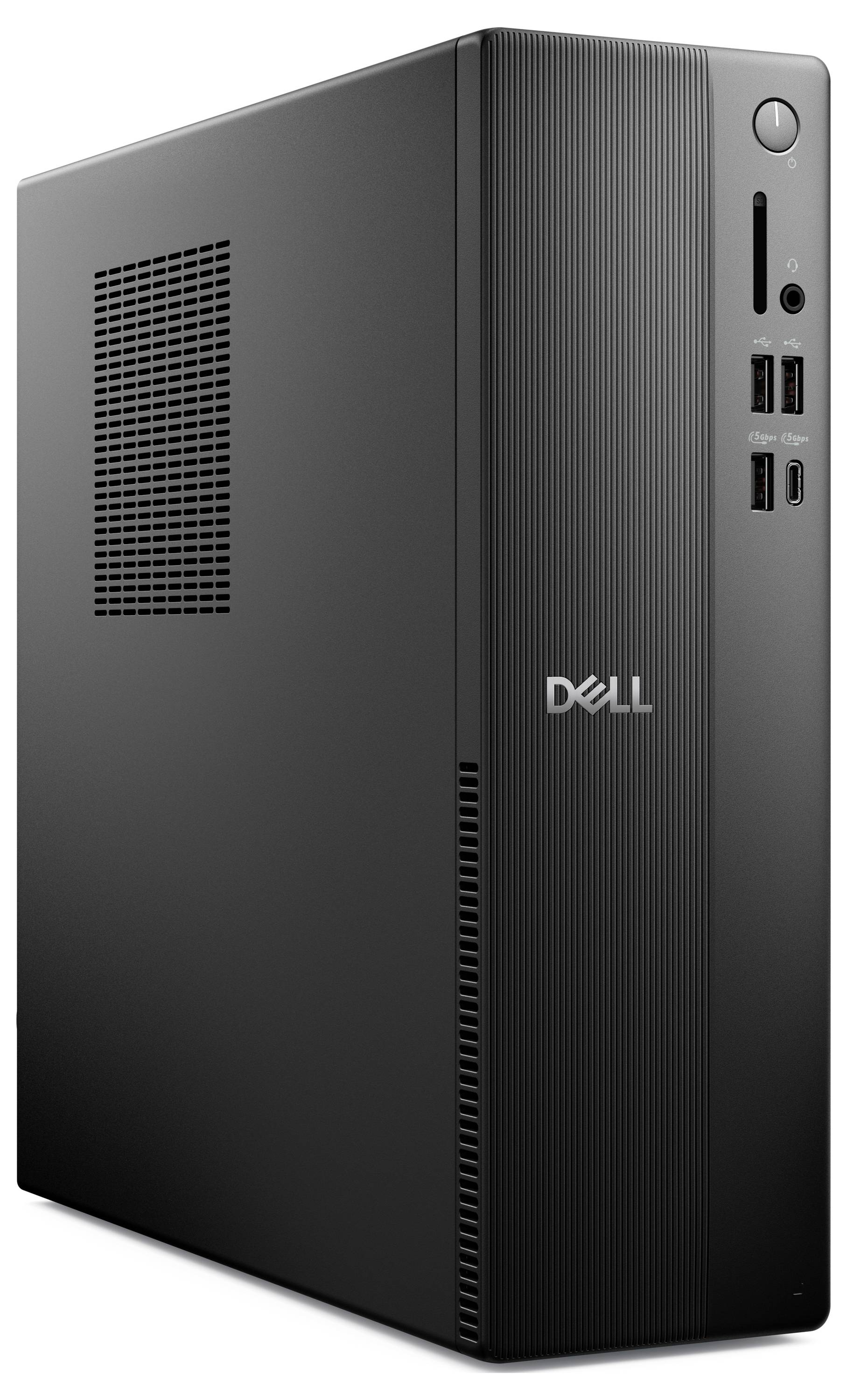 Een zwarte Dell tower desktopcomputer met een geventileerd zijpaneel, meerdere USB-poorten en een strak design.