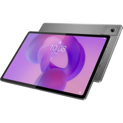 Een slanke, moderne tablet met een paars wervelontwerp op het scherm, met de tijd '10:08' en 'vrij, 23 feb'. De achterkant heeft een cameralens.