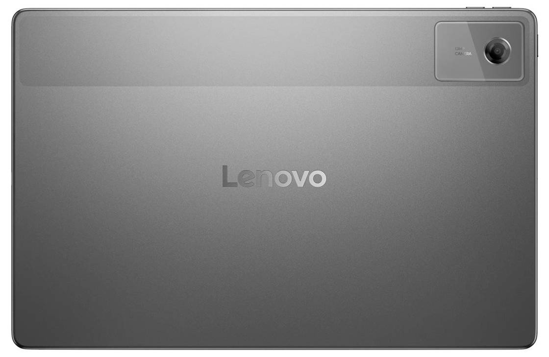 Achteraanzicht van een Lenovo-tablet met een achteraanCamera in de rechterbovenhoek en het 'Lenovo'-logo in het midden.