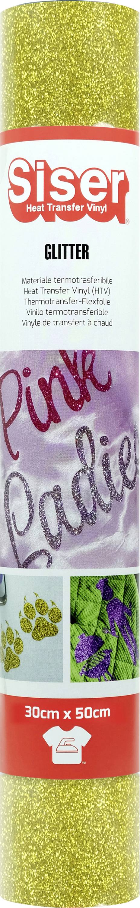 Rol Siser glittervinyls in goud, gelabeld 'Pink Ladies', getoond met stofpootjes en groene en paarse lintaccenten, maat 30cm x 50cm.