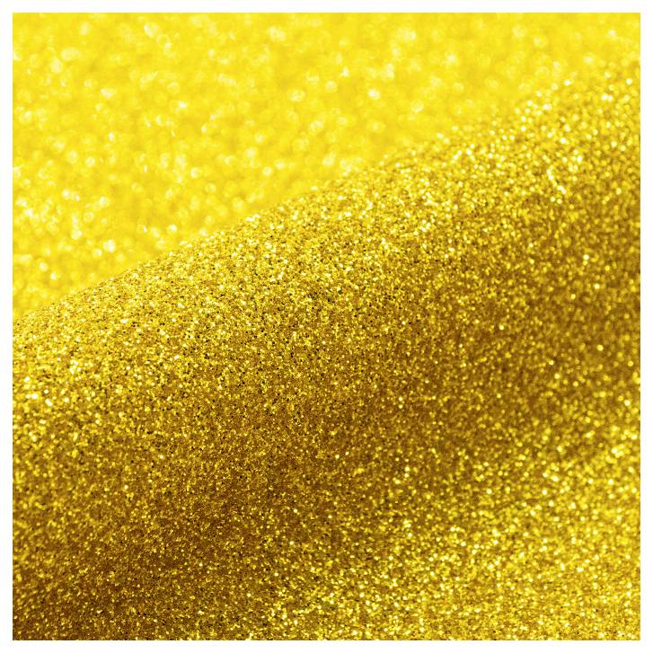 Een close-up van geel glitter, dat een fonkelende textuur creëert met lichtreflecties, die het gehele beeld vullen.