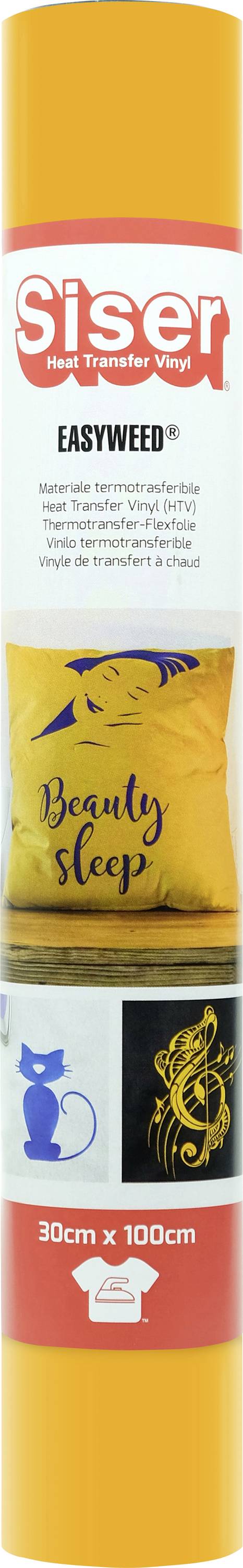Een rol Siser EasyWeed warmteoverdracht vinyl, oranje verpakking, met ontwerpen zoals 'Beauty Sleep' op een kussen en andere uitgesneden afbeeldingen.