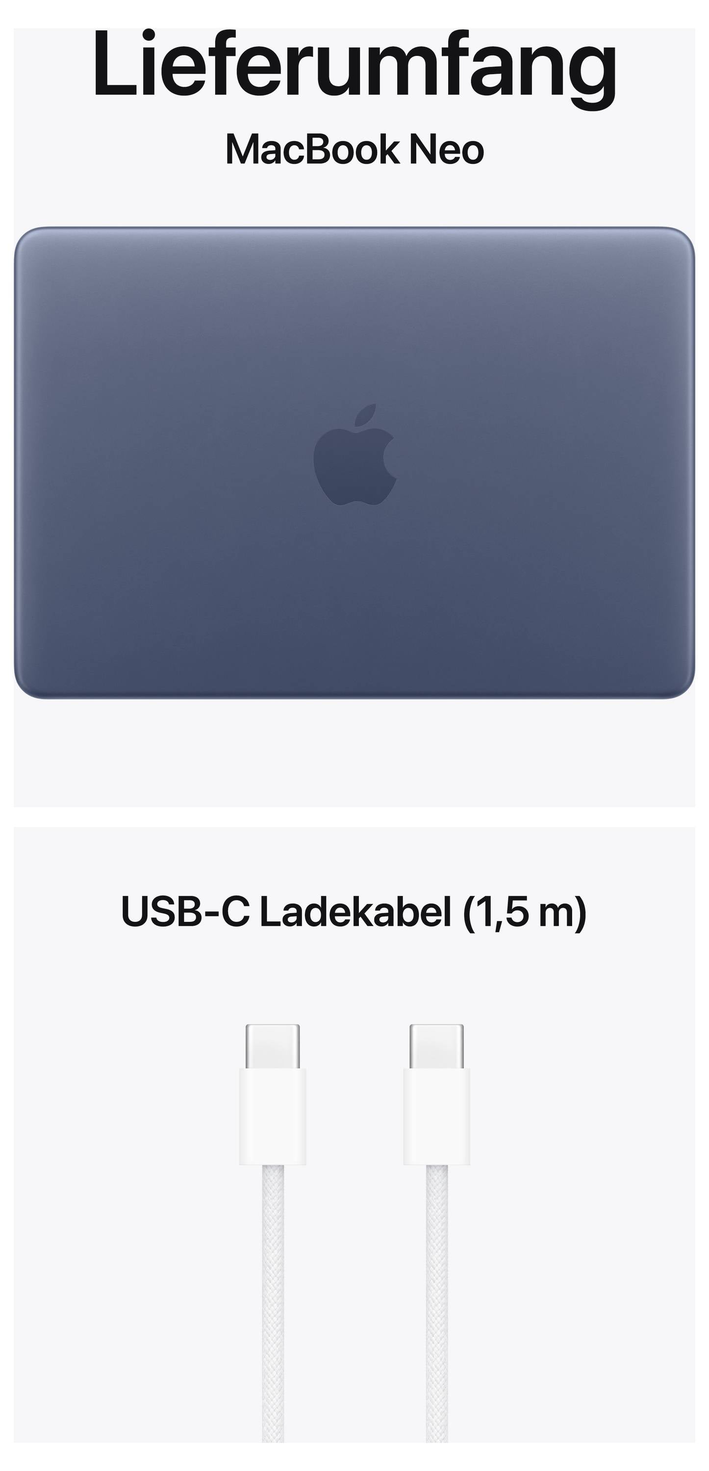'Leveringsomvang MacBook Neo': Afbeelding toont een gesloten MacBook Neo en een USB-C oplaadkabel (1,5 m).