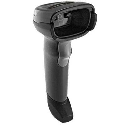 Een zwarte handheld barcodescanner met ergonomisch ontwerp, typisch gebruikt voor het scannen van barcodes in retail- of inventarisomgevingen.