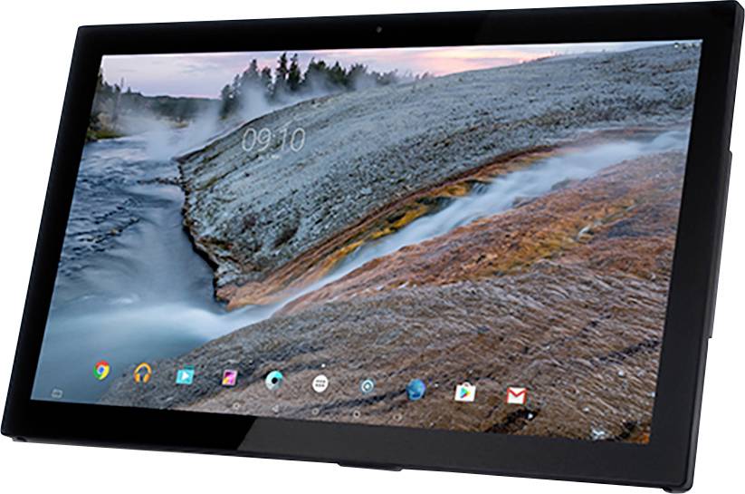 Een tablet met een landschap met een rivier en rotsachtig terrein op het scherm, wat aangeeft dat deze is ingeschakeld en klaar voor gebruik.