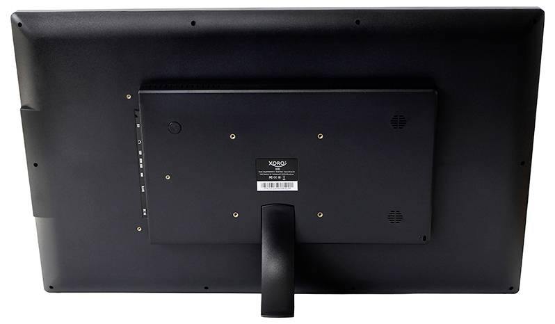 Achteraanzicht van een zwarte computermonitor, met daarin de standaard en montagebeugel, op een witte achtergrond.