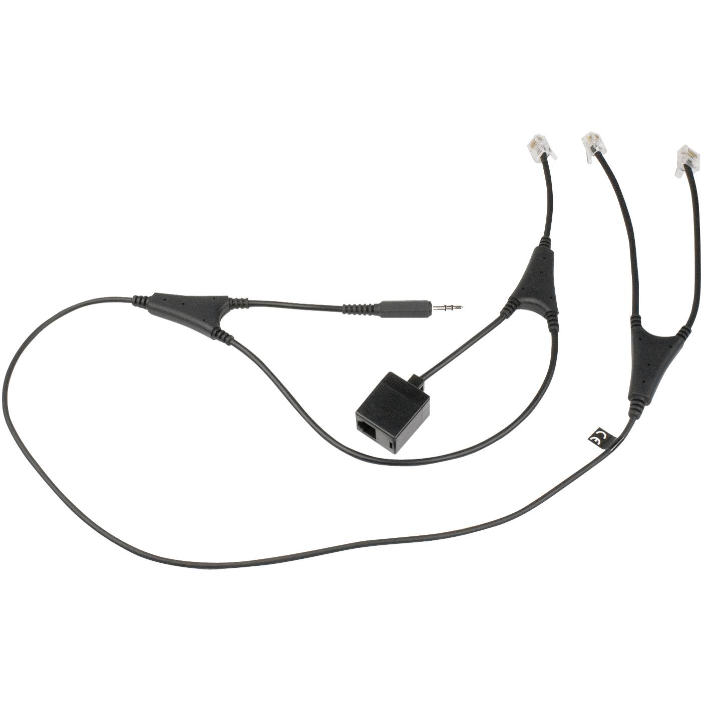 Audiokabelsplitser met 3,5 mm stekker, inlineconnector en drie telefoonjack-aansluitingen op witte achtergrond.