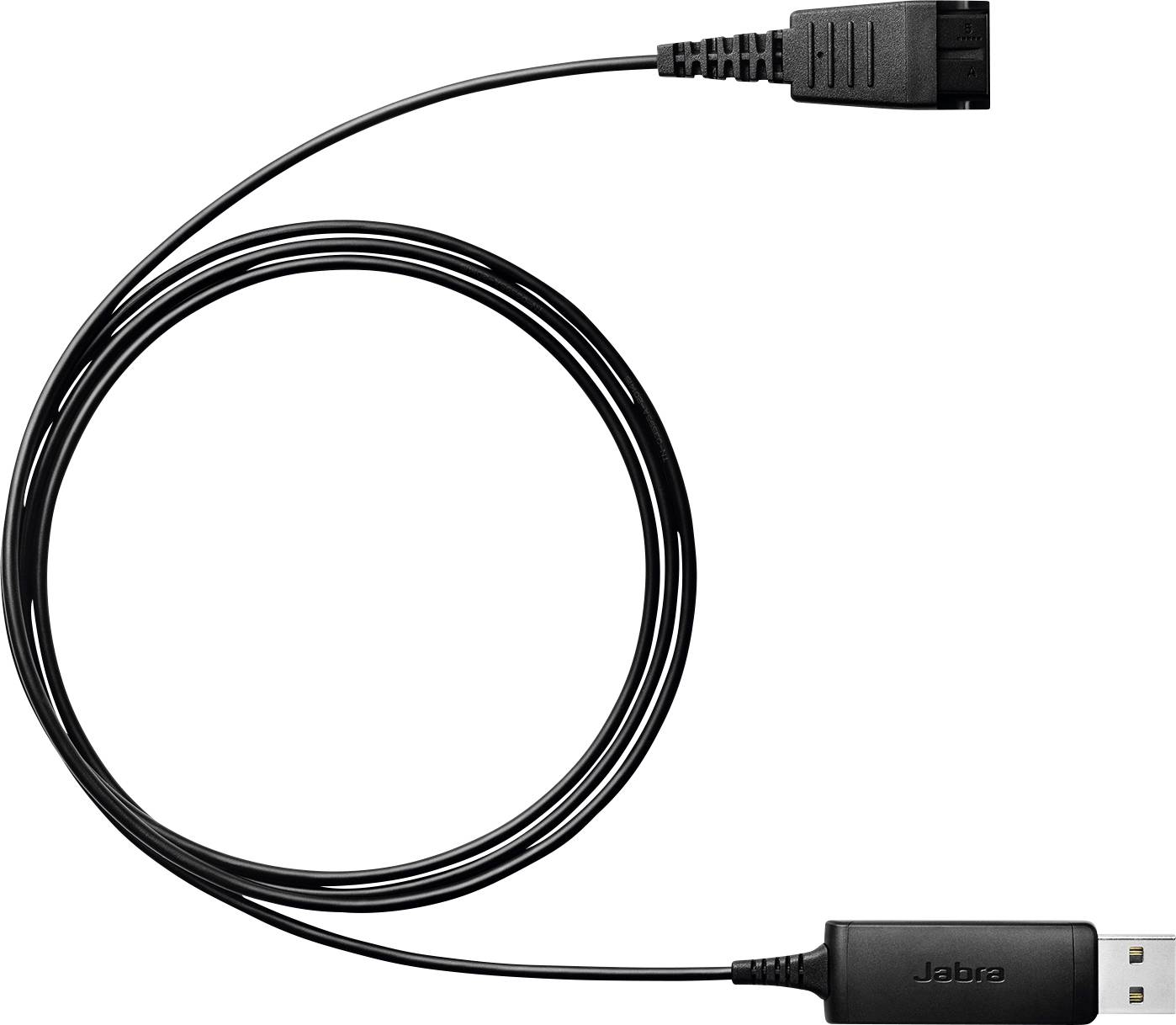 Een zwarte Jabra USB-kabel met rechthoekige connectoren aan elk uiteinde is in een cirkel opgerold.