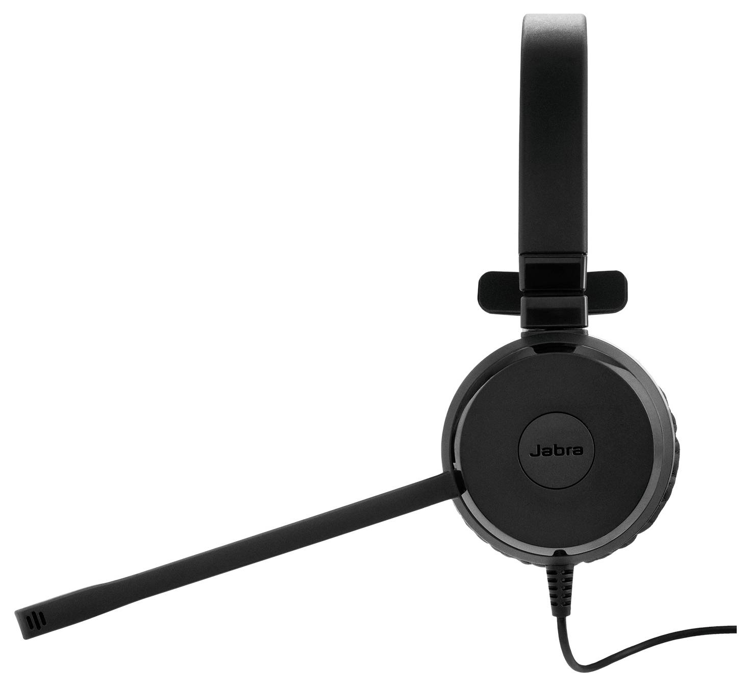 Een zwarte Jabra-headset met een geïntegreerde microfoon aan de linkerkant, ontworpen voor professioneel of persoonlijk audiogebruik.