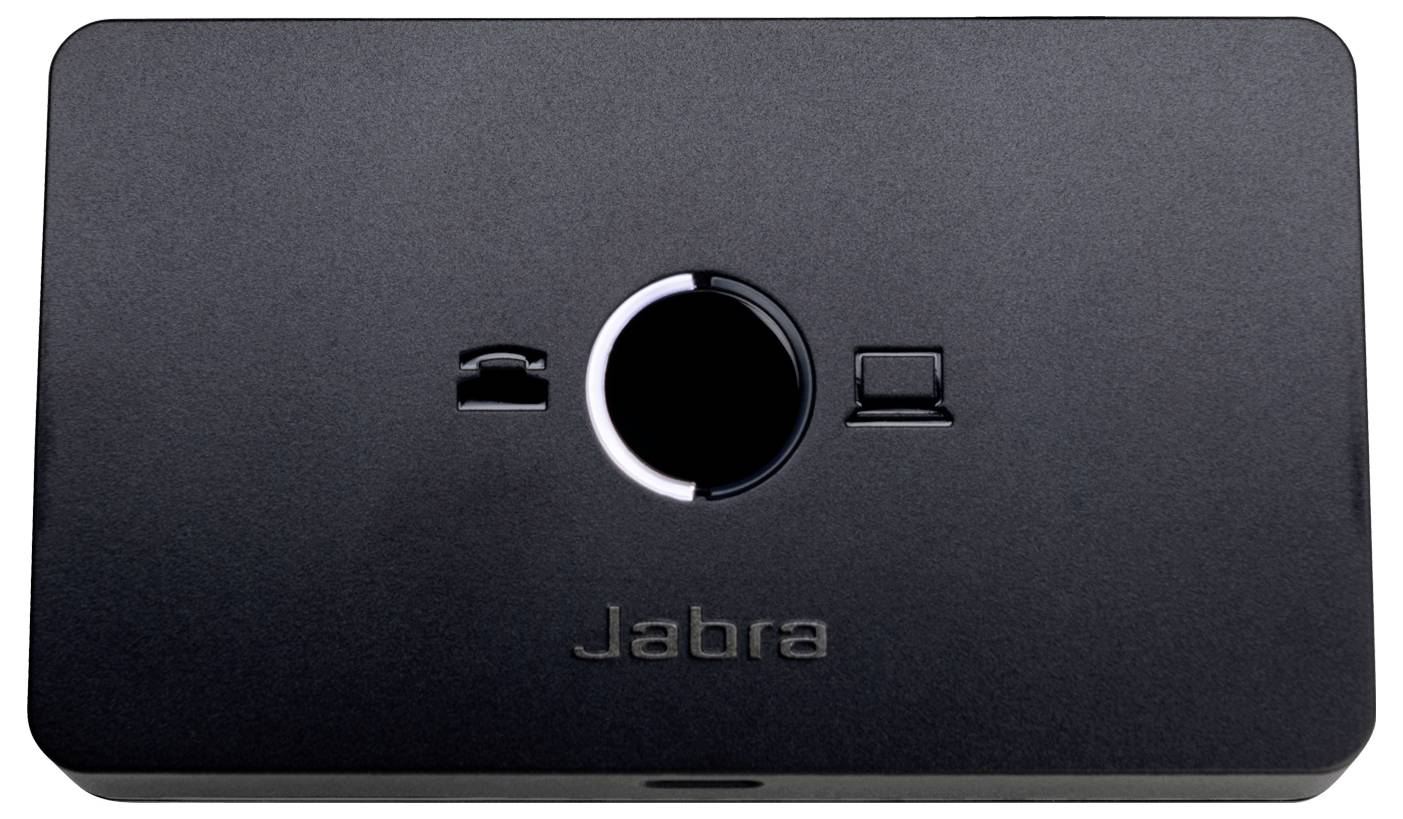Close-up van een zwart Jabra-apparaat met een centrale ronde knop, een klein pictogram aan elke zijde en het Jabra-logo eronder.