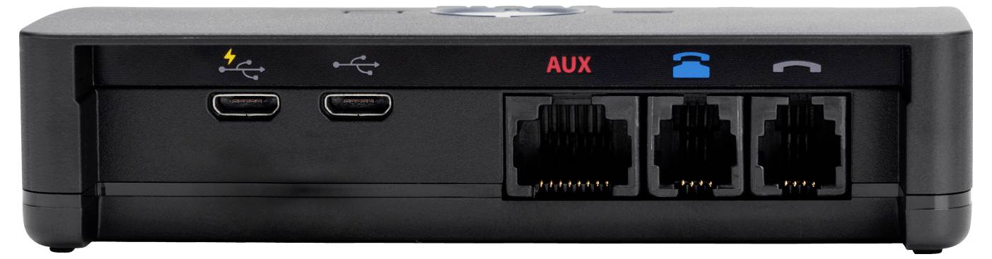 Vooraanzicht van een zwart apparaat met twee USB-C-poorten, een AUX-label en twee RJ45-achtige netwerkpoorten, plus telefoon- en draadloze pictogrammen bovenaan.
