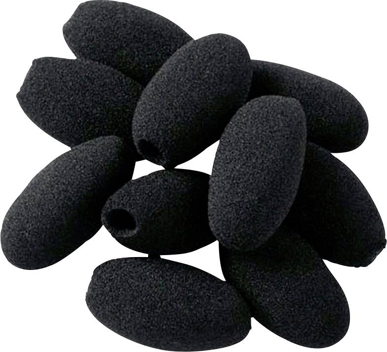 Een stapel kleine zwarte schuimwindschermen voor microfoons, die op capsules lijken, gebruikt om ruis te verminderen en de audiokwaliteit in opnames te verbeteren.