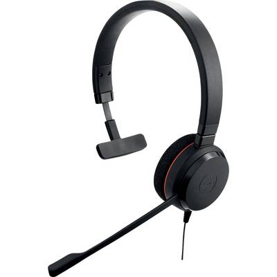 Een zwarte headset met een enkel over-ear ontwerp, voorzien van een verstelbare microfoonboom en een gevoerd oorkussen.