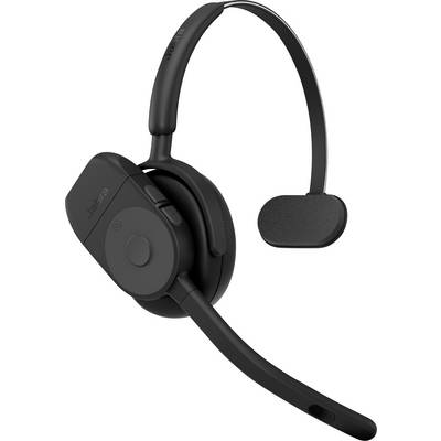 Een zwart draadloze headset met microfoon op een verstelbare hoofdband, voorzien van een gevoerd oorkussen en bedieningsknoppen aan de zijkant.