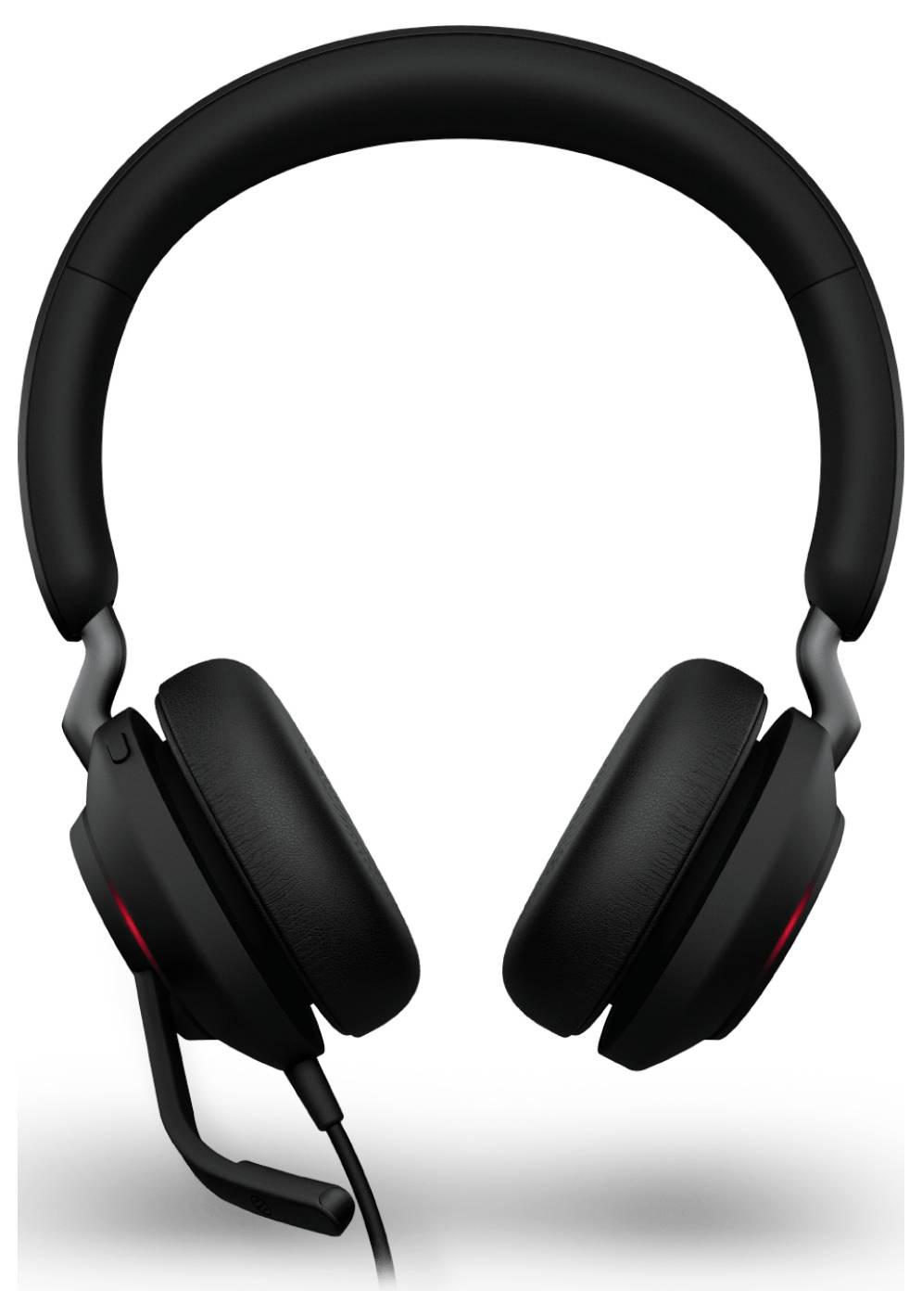 Zwarte over-ear koptelefoon met een ingebouwde microfoon op een witte achtergrond.