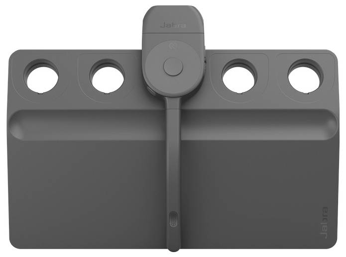 Een grijs rechthoekig apparaat met vier ronde sleufjes en een centraal scharnierende component met een knop, gemerkt 'Jabra'.