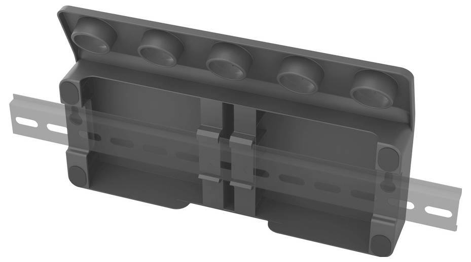 Een grijze beugel gemonteerd op een metalen rail, voorzien van vijf ronde inzinkingen bovenop en ontworpen voor het vastzetten van objecten ter plaatse.