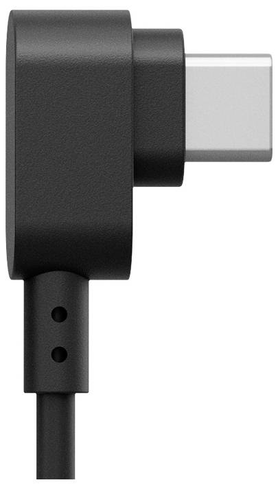 Een zwarte L-vormige USB-C oplaadkabel met twee gaten in de buurt van de basis van de connector.