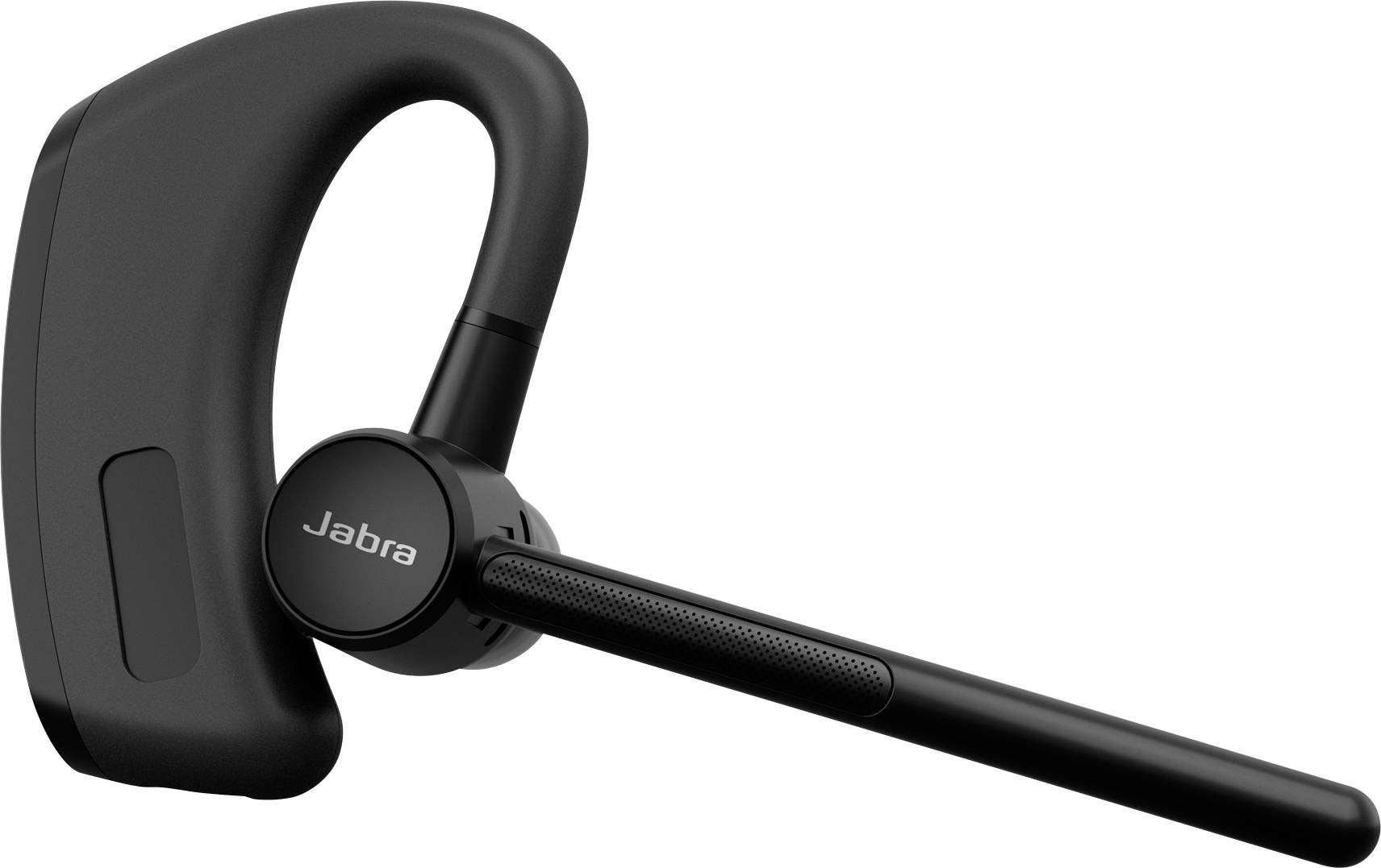 Een zwarte Jabra Bluetooth-headset met een oorhaakontwerp en een lange microfoon eraan bevestigd, ontworpen voor draadloze communicatie.