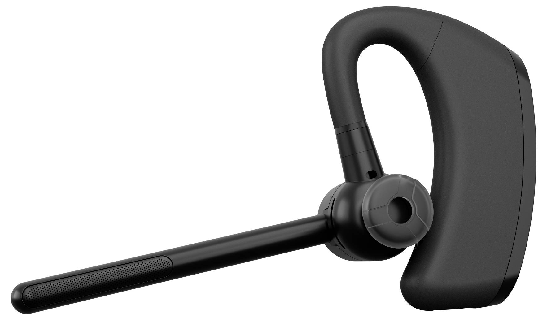 Een zwart Bluetooth-oortje met een lange microfoonboomarm, ontworpen voor handen-vrije communicatie.