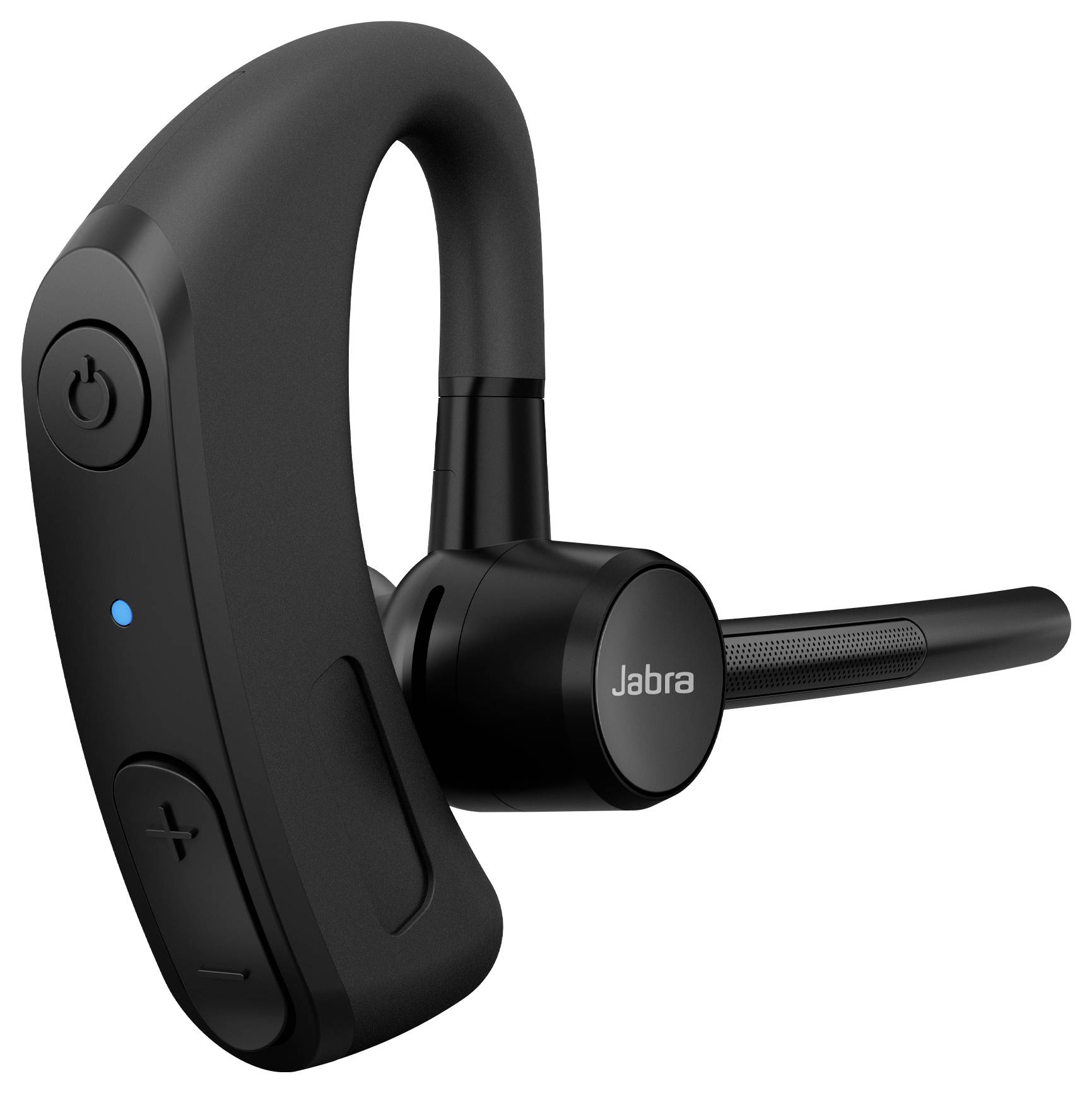 Een enkele zwarte Bluetooth-headset met oorhaak, met volumeregelingsknoppen en een aan-uitschakelaar aan de zijkant.