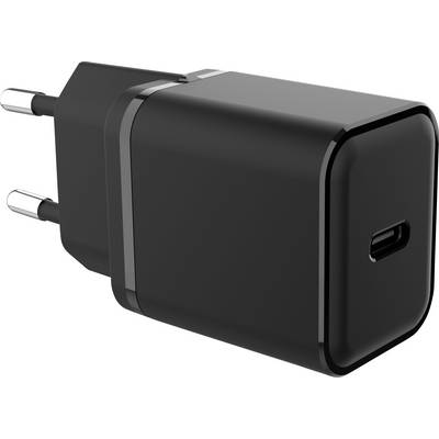 'Een zwarte USB-C stroomadapter met Europese stekkerpennen, weergegeven vanuit een hoek.'