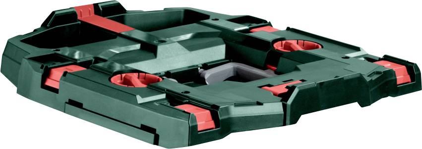 Een groen en rood modulair gereedschapsopberghoesdeckel met sleuven en handgrepen ontworpen voor draagbaarheid en veilig stapelen.