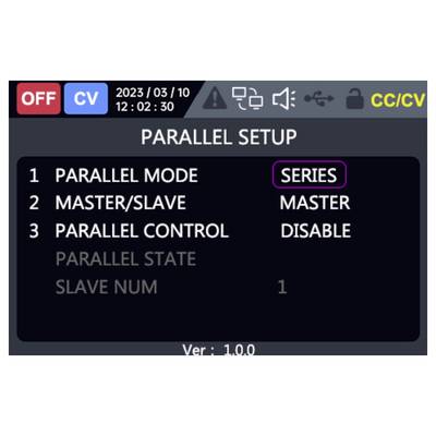 Apparaatinstellingenscherm met de titel 'PARALLEL SETUP' met Parallel Mode ingesteld op 'SERIES', Master/Slave ingesteld op 'MASTER' en Parallel Control uitgeschakeld.