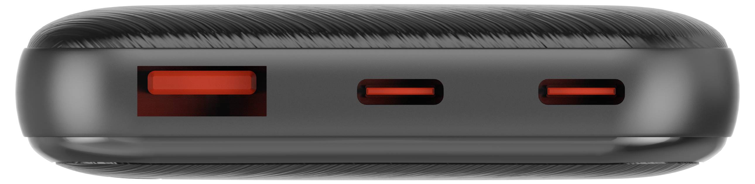 Zwarte draagbare oplader met één USB-A-poort en twee USB-C-poorten, allemaal gemarkeerd in het rood.