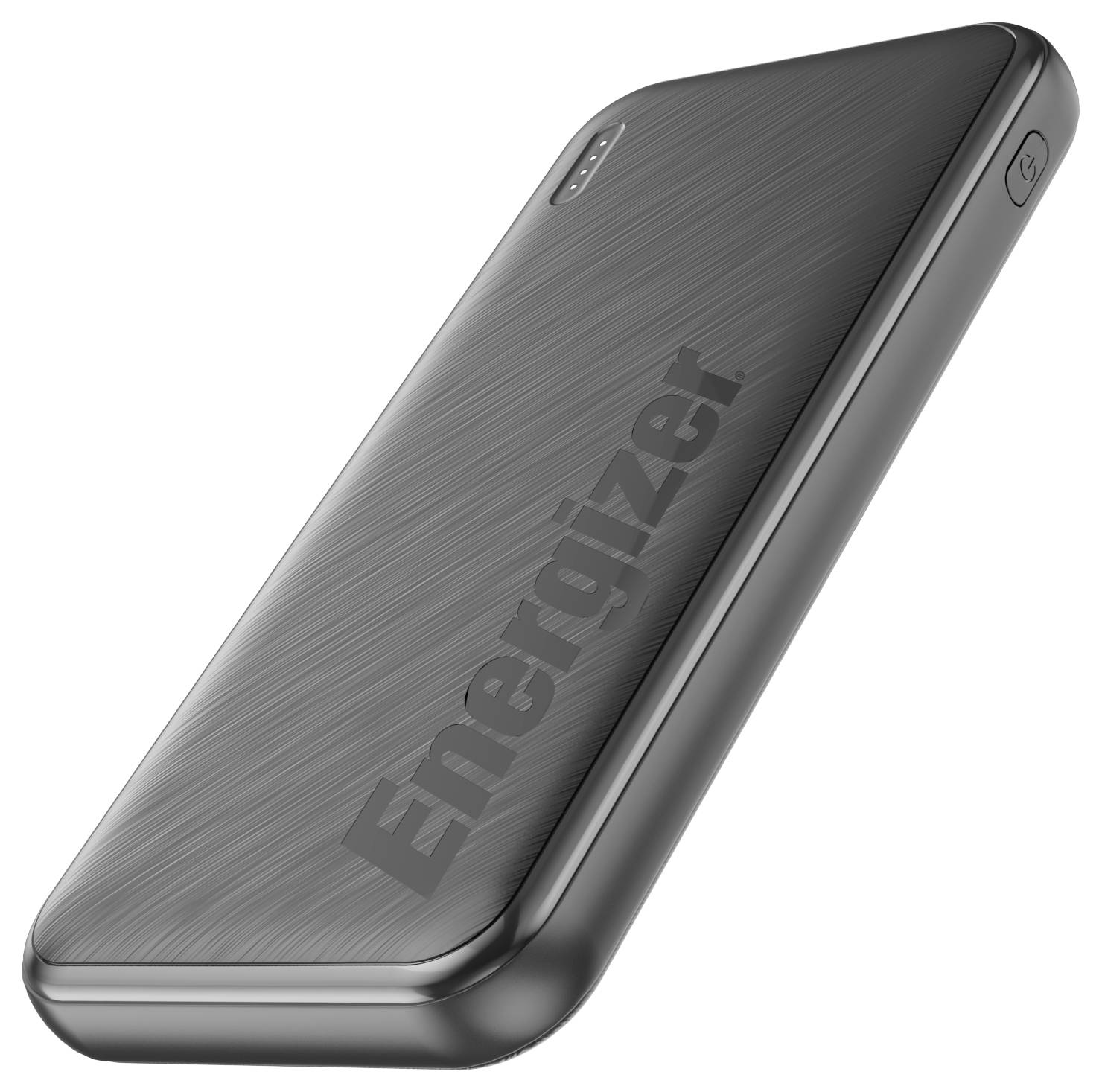 Een zwarte Energizer powerbank met een geborsteld metalen ontwerp, voorzien van een USB-poort en subtiel reliëf-geperst merklogo op het oppervlak.