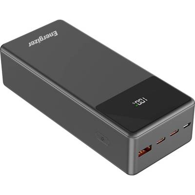Een zwarte Energizer powerbank met een digitaal scherm dat '100%' toont. Het heeft meerdere USB-poorten aan één zijde.
