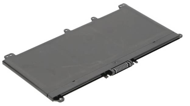Een platte, rechthoekige zwarte laptopbatterij met zichtbare connectoren aan de rand, gebruikt voor het voeden van een laptop.
