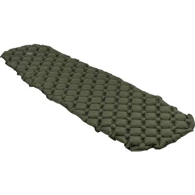 Een groene, opblaasbare slaapmat met een gewatteerd oppervlakteontwerp, geschikt voor kamperen en buitengebruik.