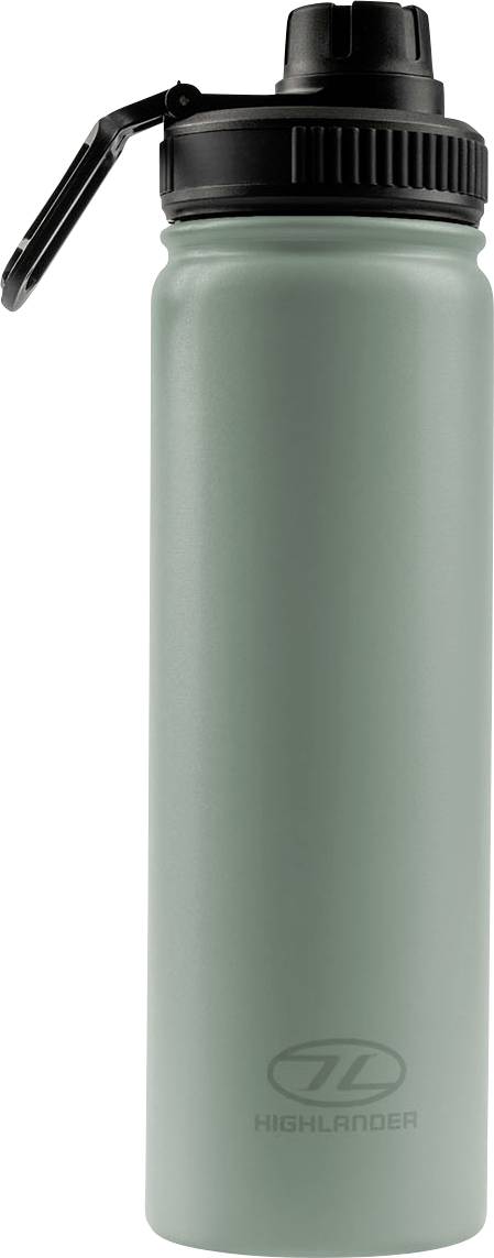 Groene herbruikbare waterfles met zwart deksel, voorzien van het logo 'Highlander'.
