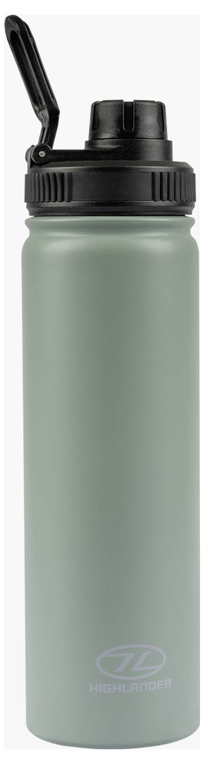 Een hoge, grijsgroene metalen waterfles met een zwart schroefbare dop en een fliptopdekseltje. De fles is voorzien van het merk 'Highlander'.