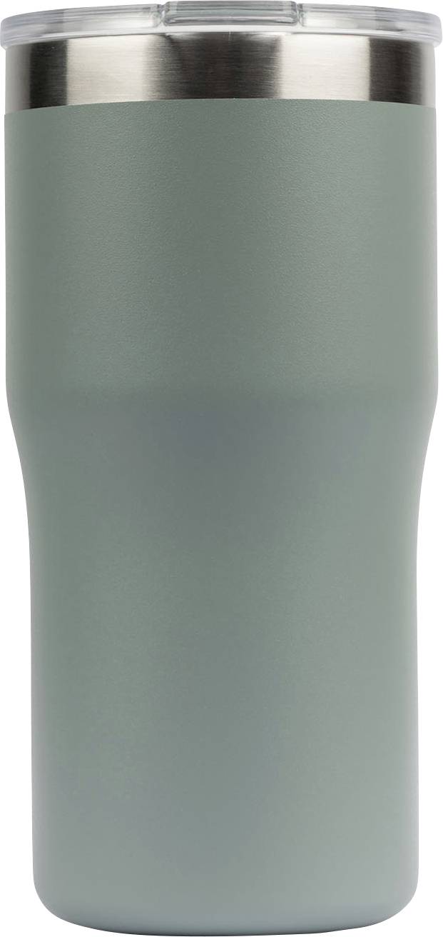 Een slanke, hoge roestvrijstalen reistuimbler met een matte groene afwerking en een duidelijk deksel, ontworpen voor warme of koude dranken.