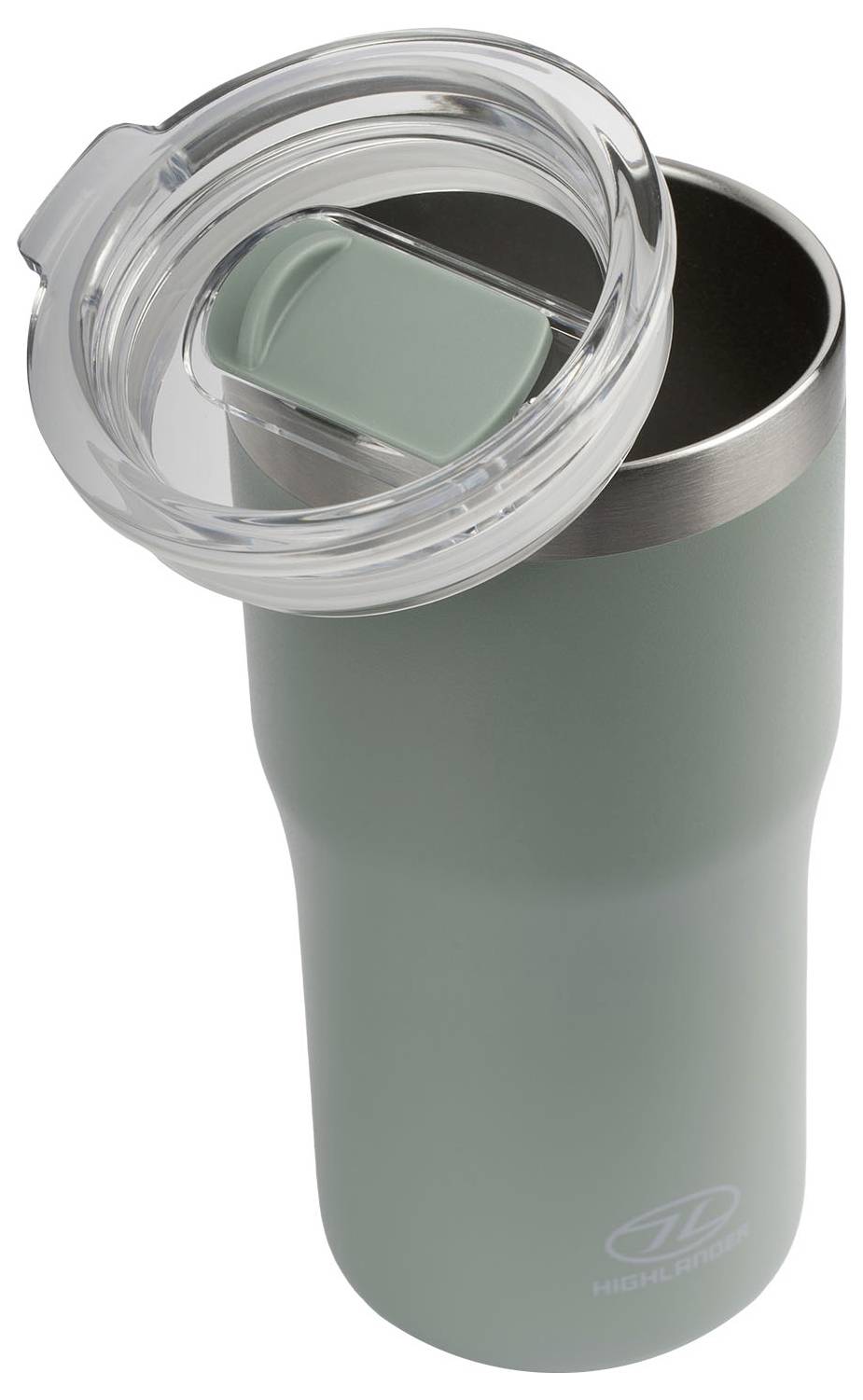 Een roestvrijstalen reismoker met een lichtgroene buitenkant en een doorzichtig, klapdeksel. Geschikt voor warme en koude dranken.
