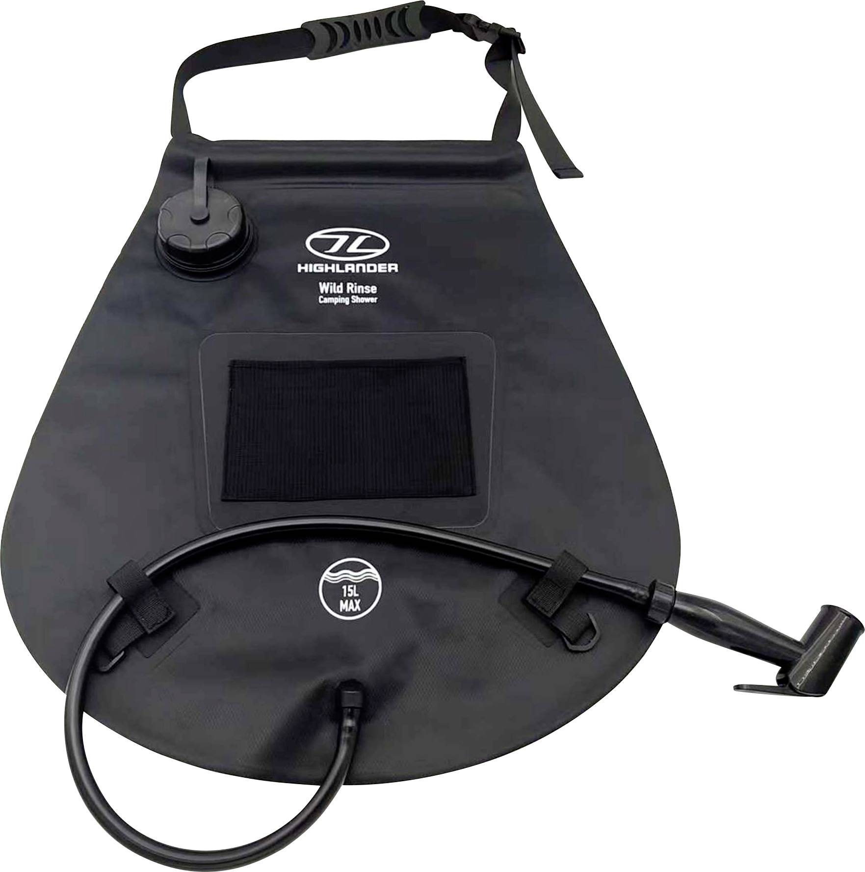Een zwarte opvouwbare campingdouchezak met een sproeikop, slang en ophangband, voorzien van de tekst 'Highlander Wild Rinse Camping Shower'.