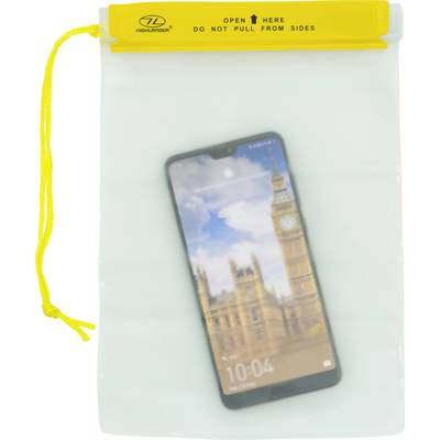 Een smartphone in een transparante waterdichte tas, met een afbeelding van Big Ben op het scherm. Geel zegel met het opschrift 'HIER OPENEN'.