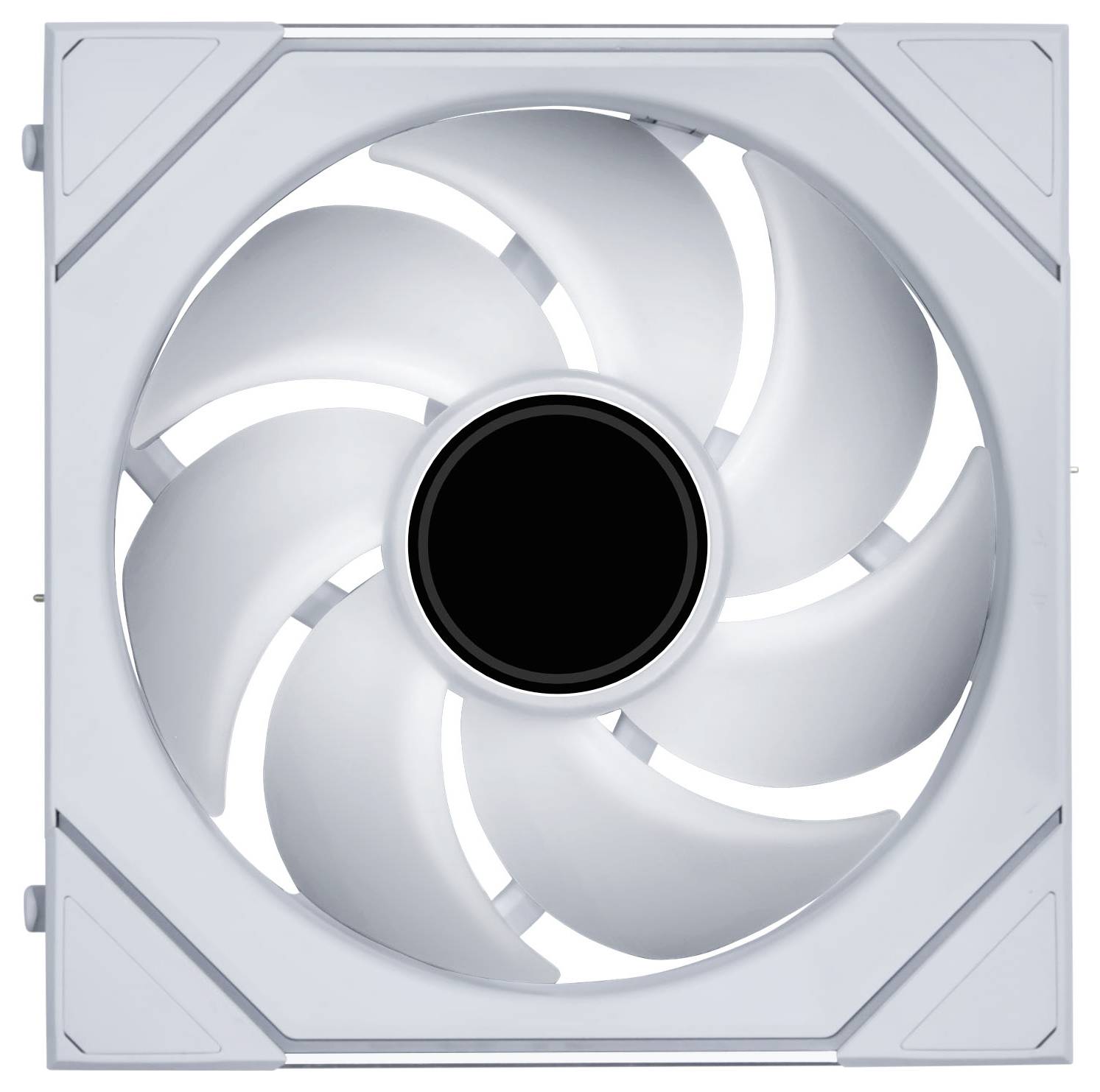 'Een vierkante ventilator met een centraal zwart cirkel, omgeven door witte gebogen bladen, geplaatst in een wit frame.'