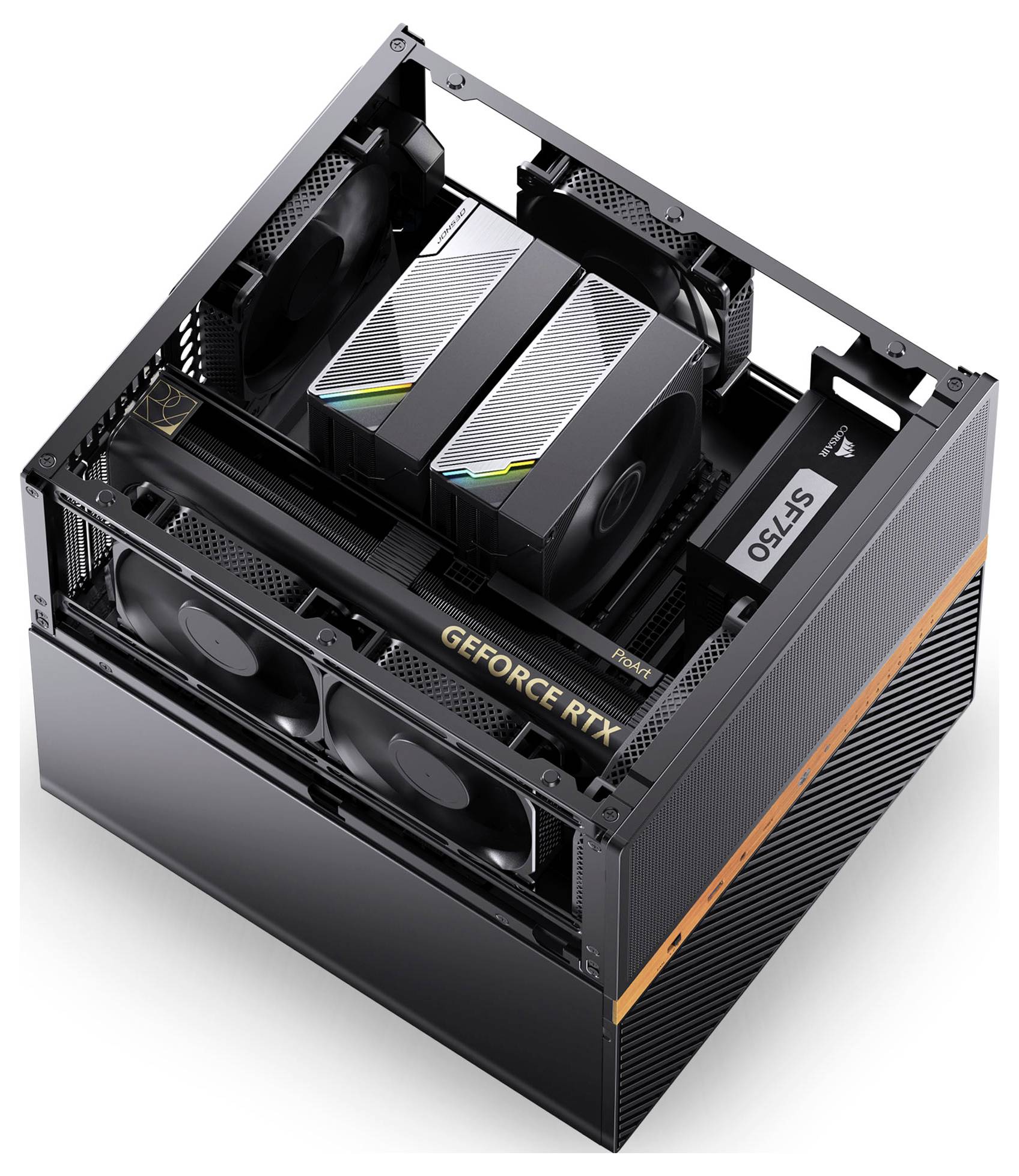 Een moderne, open computerbehuizing met een krachtige GeForce RTX-graficskaart, duale koelventilatoren en een slanke minimalistische vormgeving.
