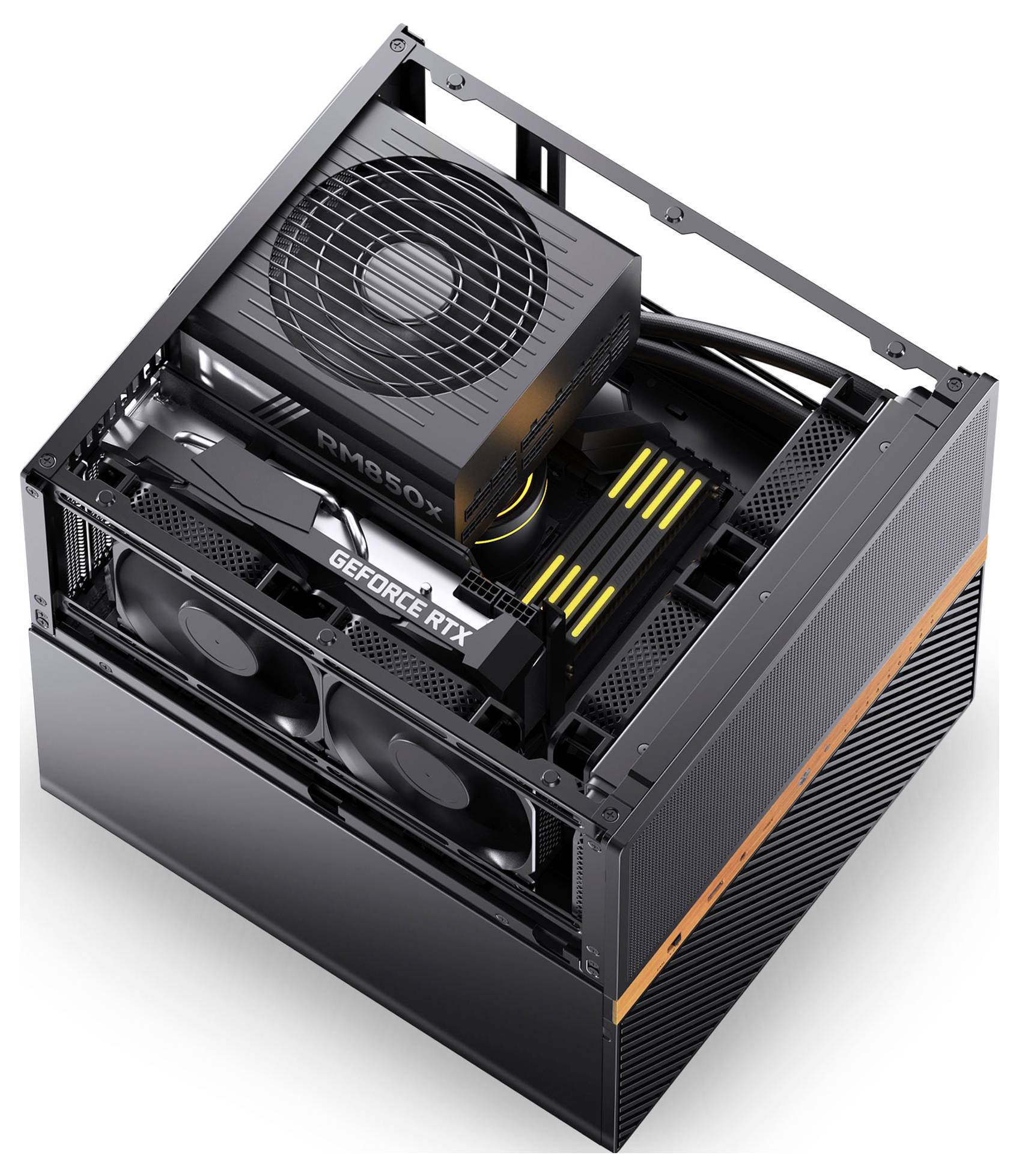 Een compacte, open computerbehuizing met een zichtbare voedingseenheid en een GeForce RTX-grafische kaart binnenin.