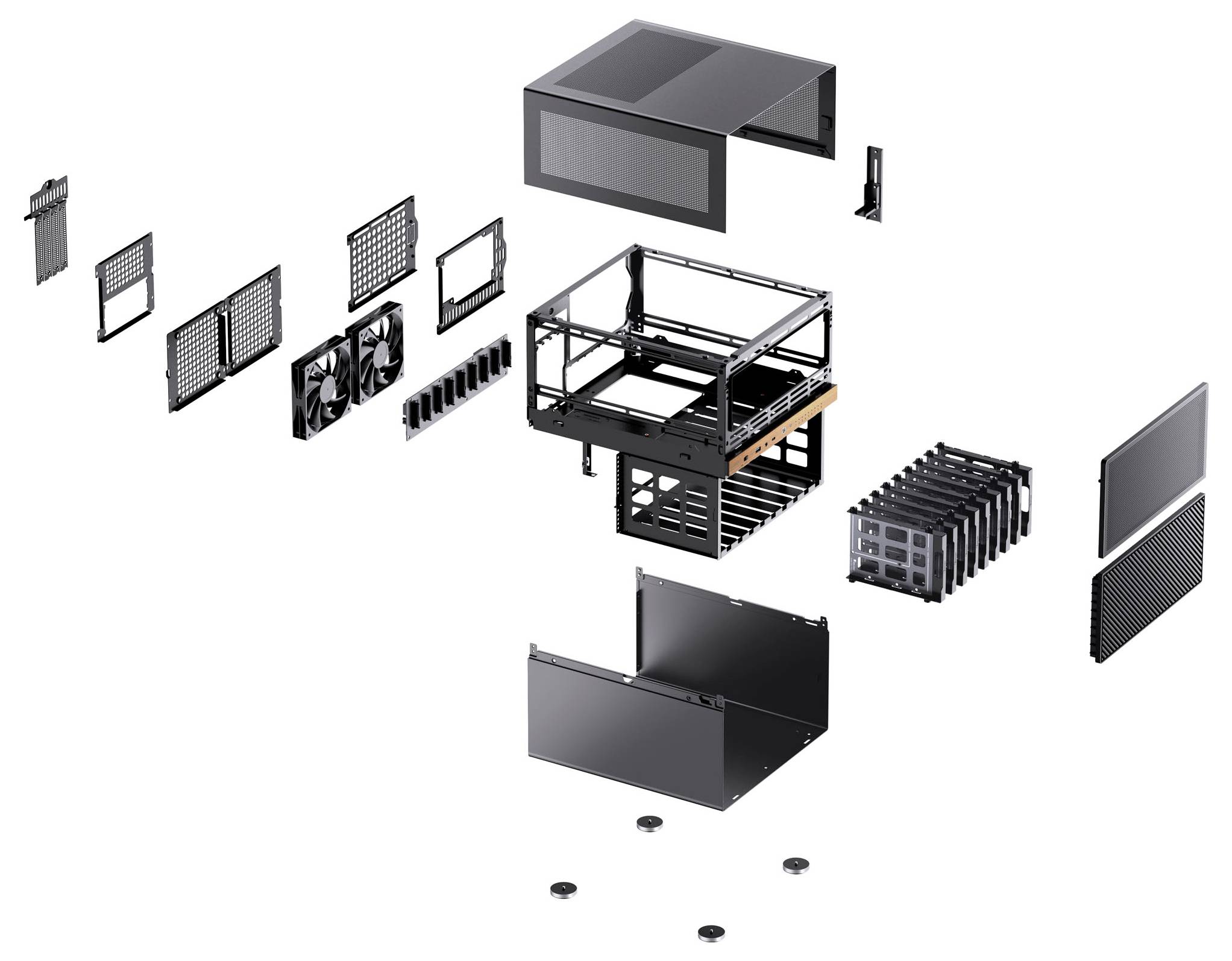 Explodeerde weergave van een computerkasteelvergadering met onderdelen, waaronder panelen, ventilators, frames en schroeven in volgorde van assemblage.
