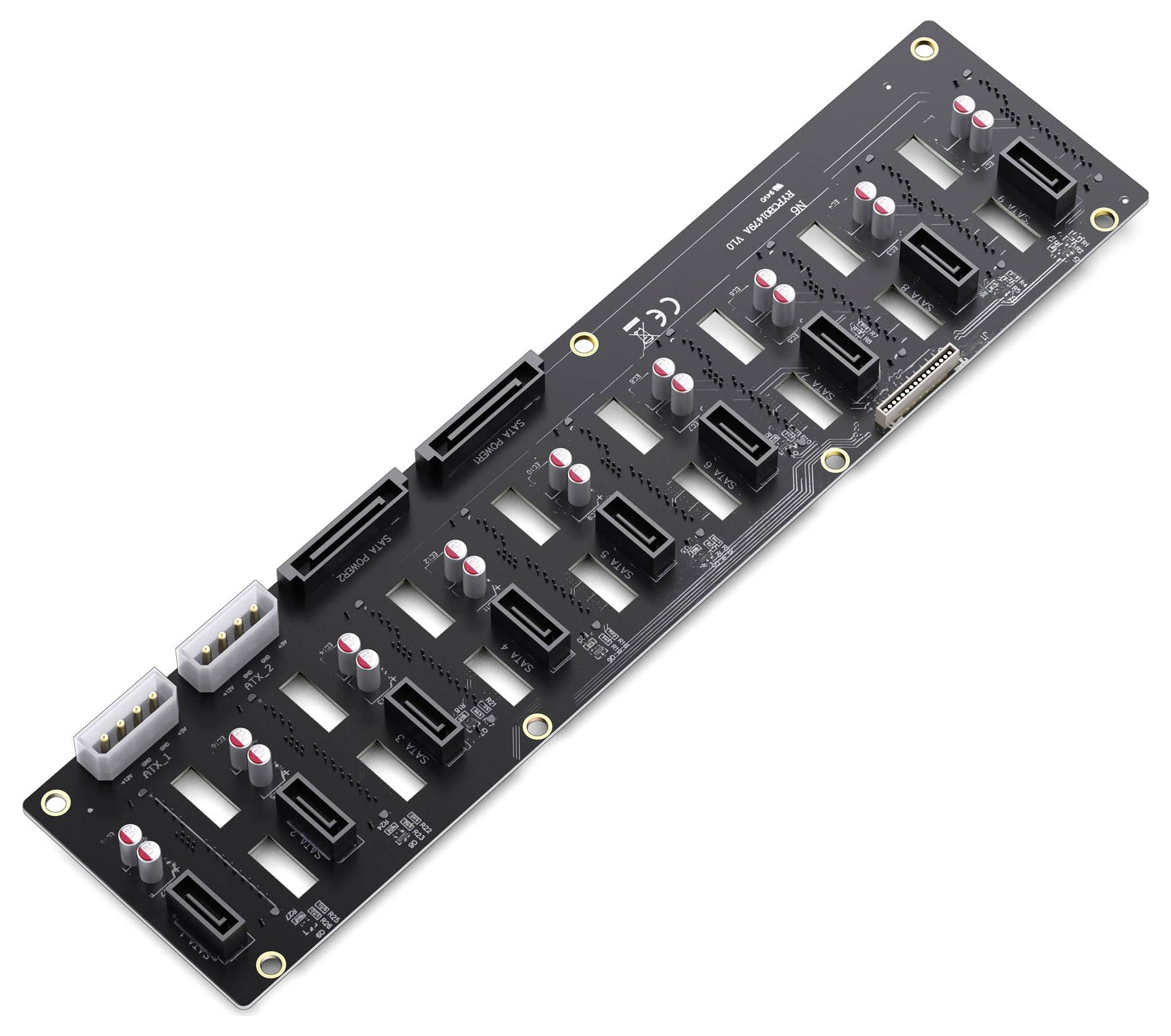 Een zwarte ventilatorrhub met meerdere 4-pins connectoren, gelabeld 'Fan Hub 1 tot 10', en rode condensatoren, ontworpen voor het beheren van computerkoelingsventilators.