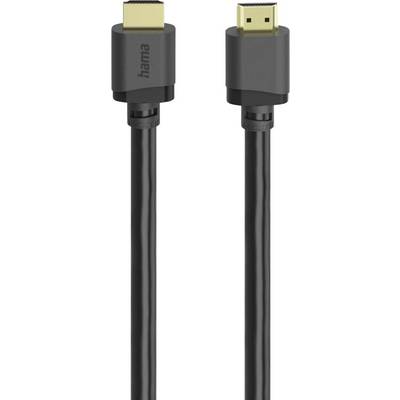 Een zwarte HDMI naar Mini-HDMI-kabel, met beide connectoren met goudgeplateerde tips, gebruikt voor het verbinden van apparaten zoals camera's met beeldschermen.