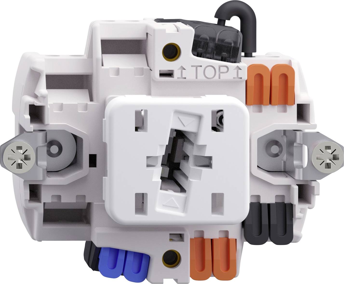 Een witte elektrische lichtfitting met meerdere aansluitingspunten, inclusief schroeven en gekleurde draadconnectors, geëtiketteerd als 'TOP'.