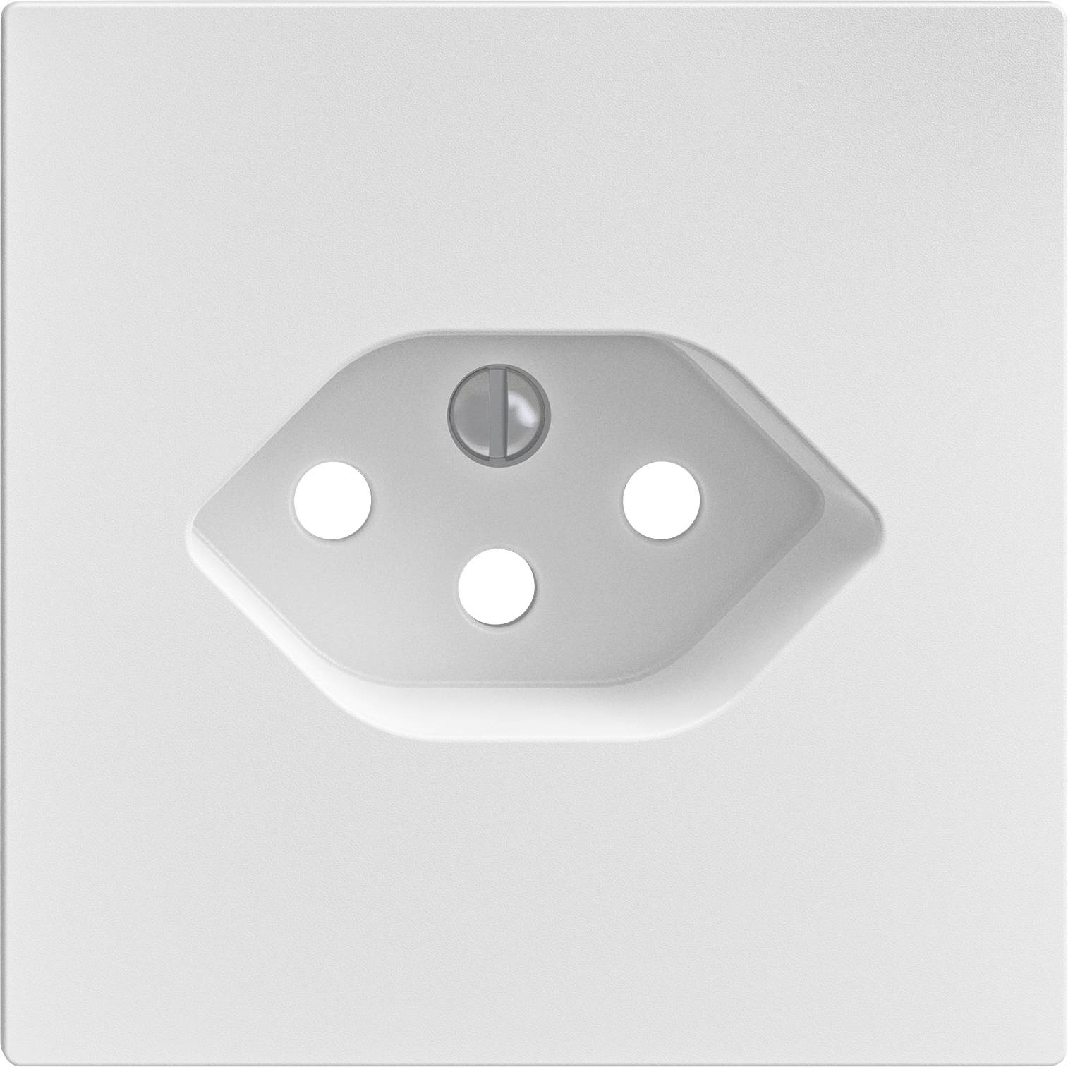 Een witte elektrische wandcontactdoos met drie ronde contactgaten in een driehoekig patroon voor het aansluiten van apparaten.